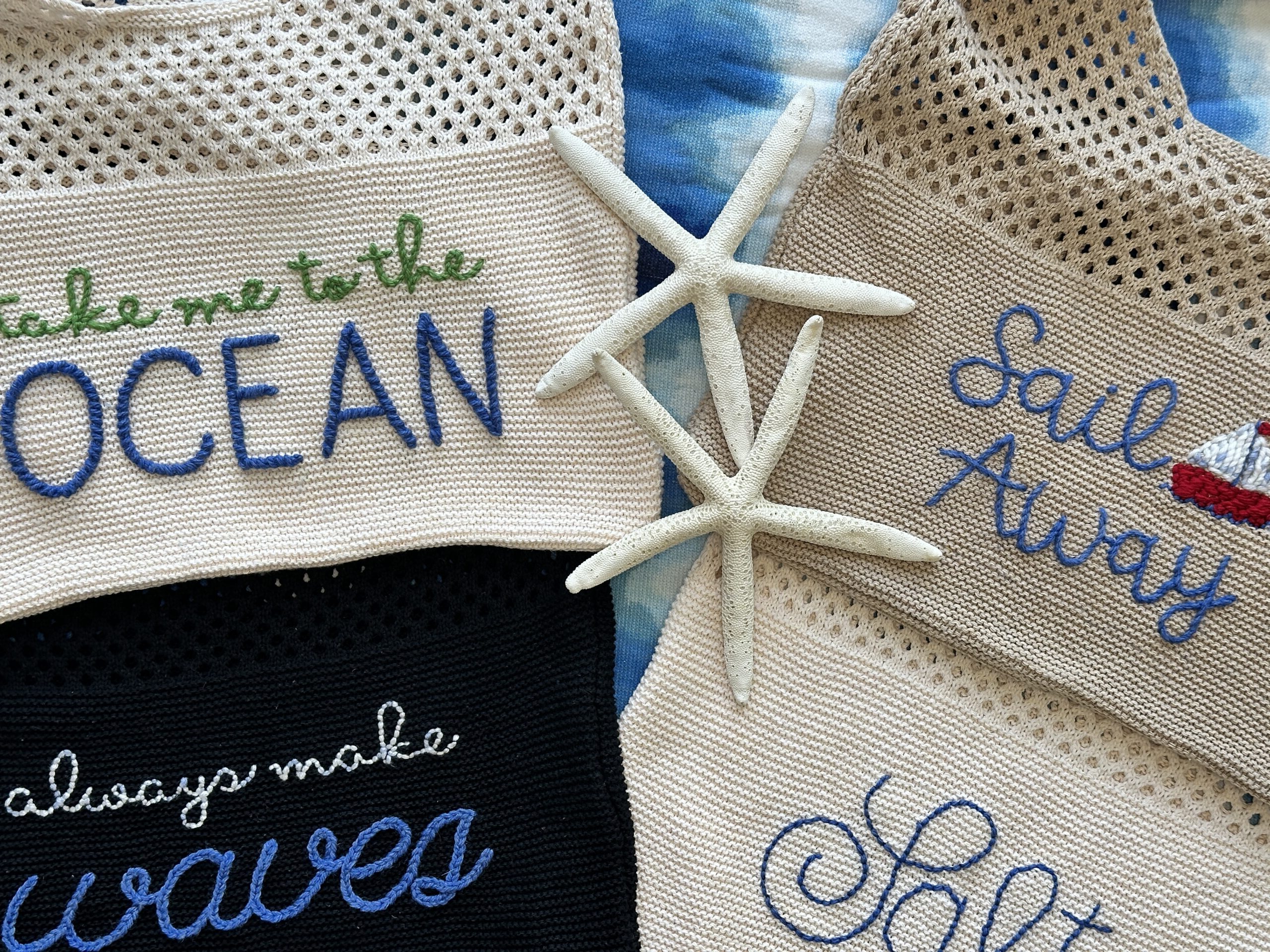 Yarn embroidered market bag workshop sample