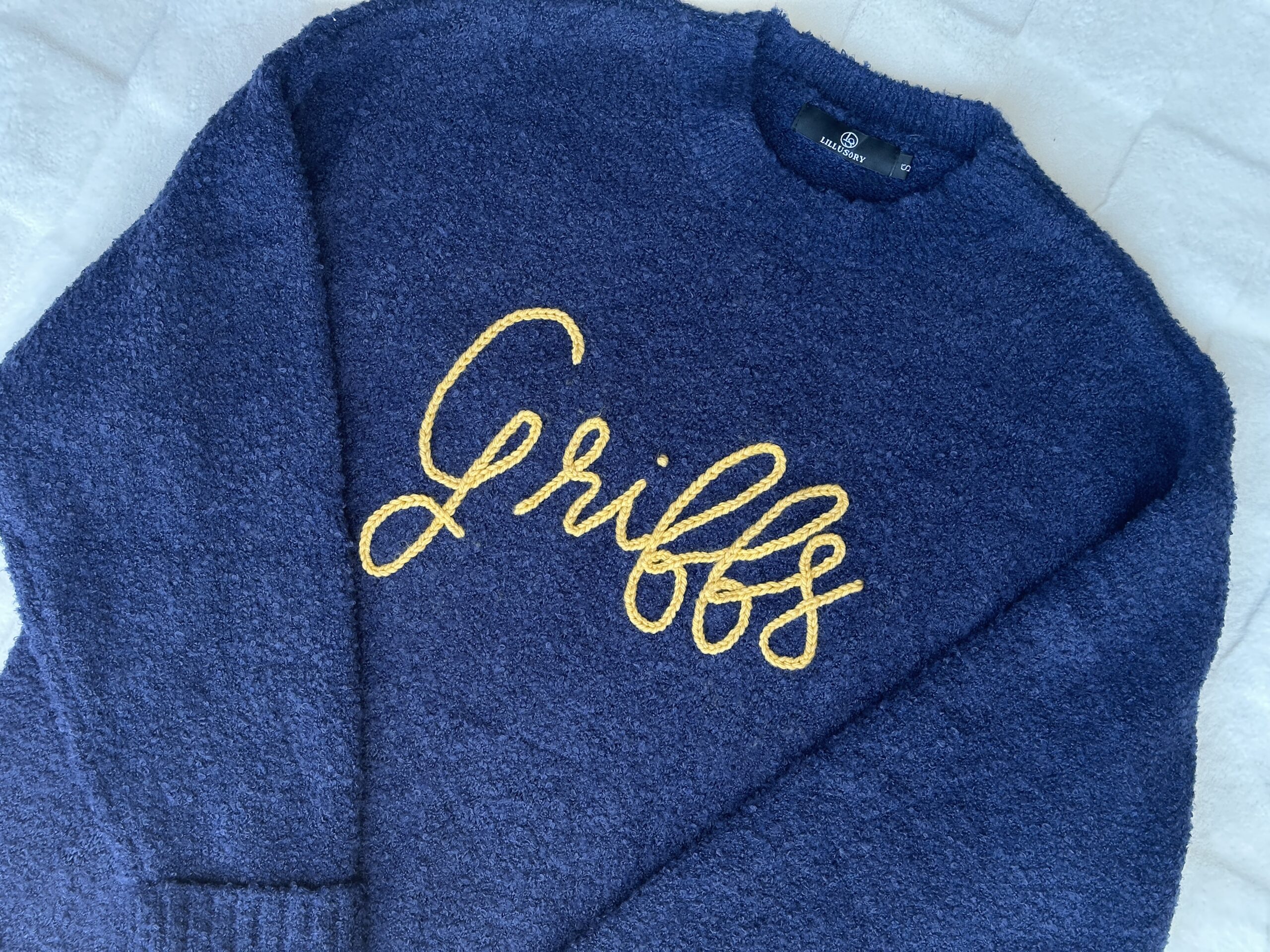 College sweater yarn embroidery workshop sample